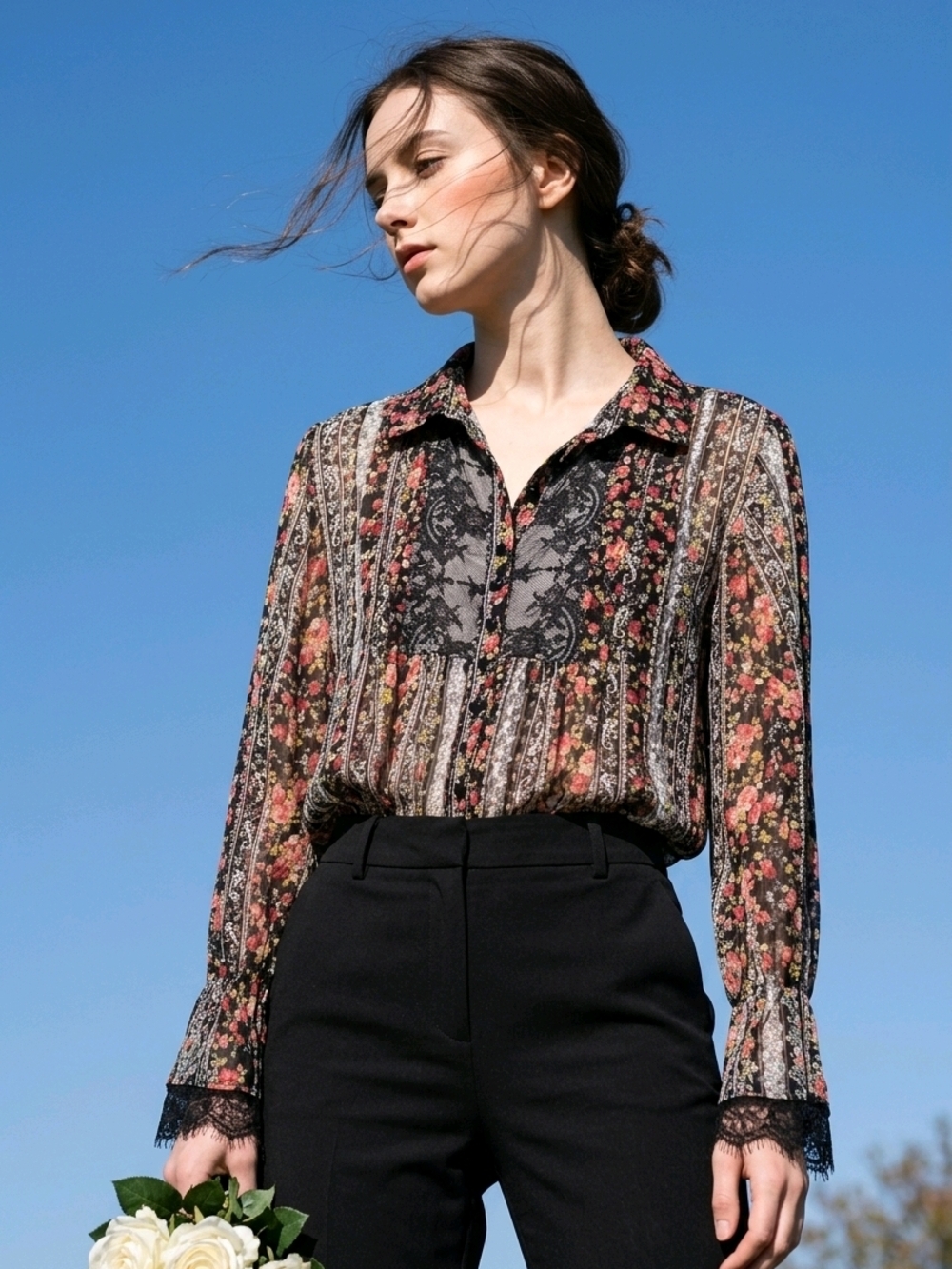 Christina Black Floral Lace-Trim Button-Up Blouse